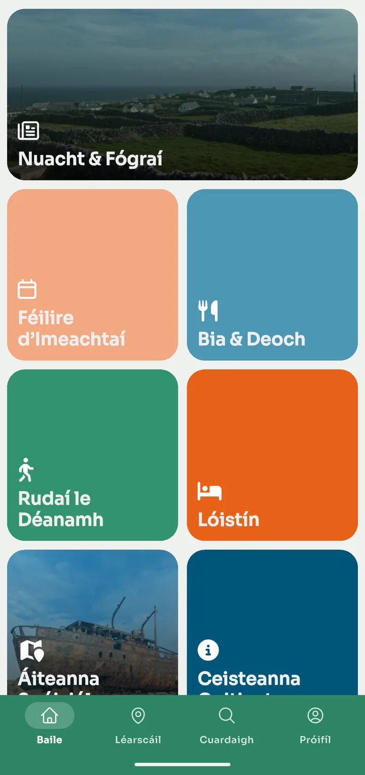The app home screen in Irish